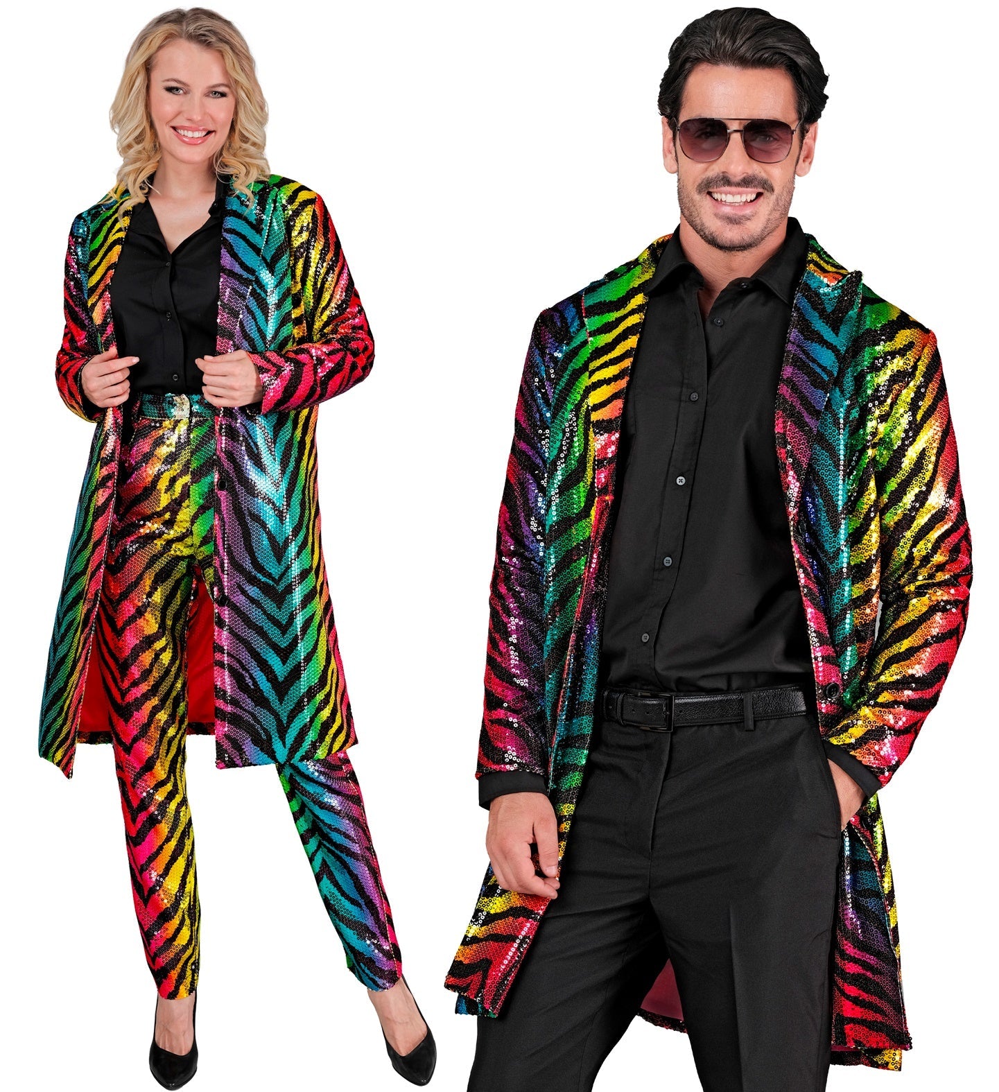 Men's rainbow sequin tiger print jacket with black shirt and pants for carnival costume.