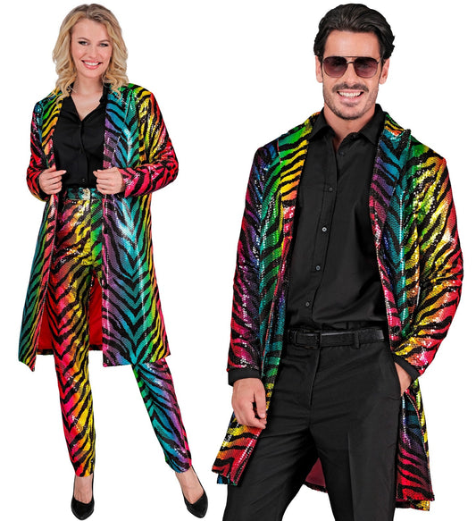 Men's rainbow sequin tiger print jacket with black shirt and pants for carnival costume.
