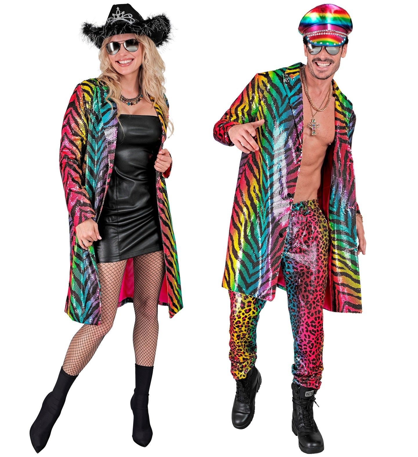 Men's rainbow sequin tiger print jacket for carnival costume.