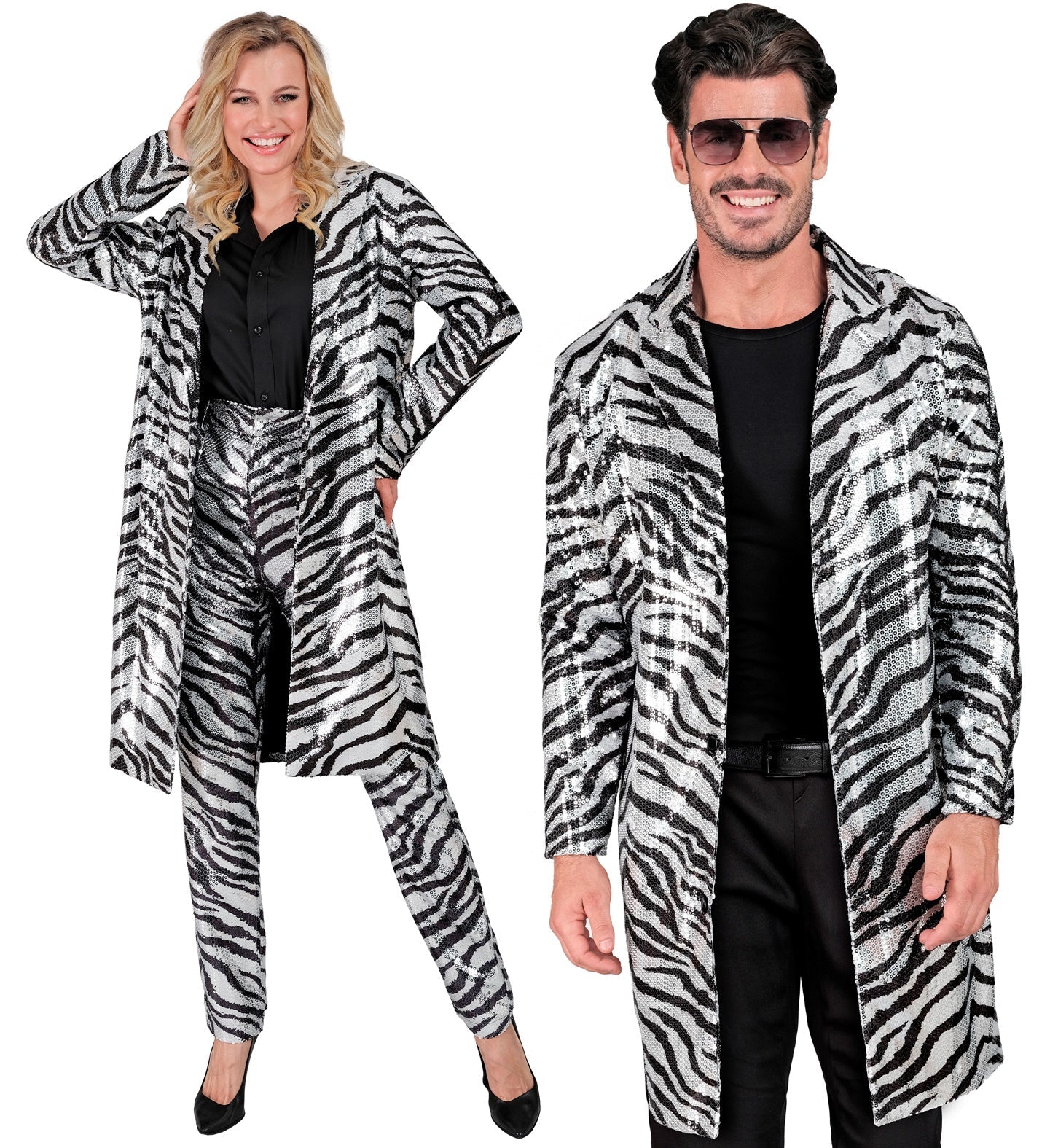 Paar in schimmerndem Zebramuster-Paillettenmantel und -Anzug, Mann und Frau posieren.