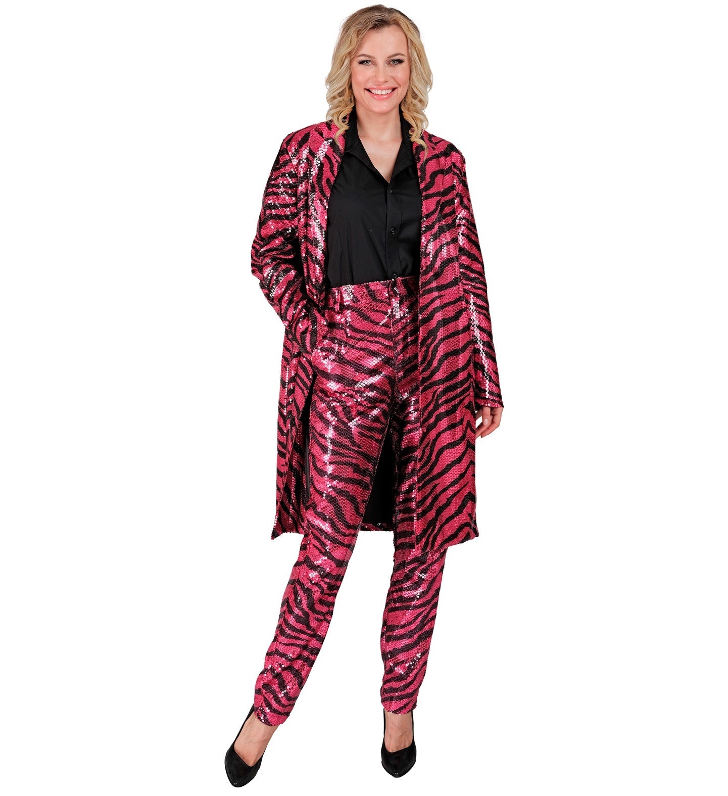 Men's neon pink sequin zebra print jacket with open front and relaxed fit.