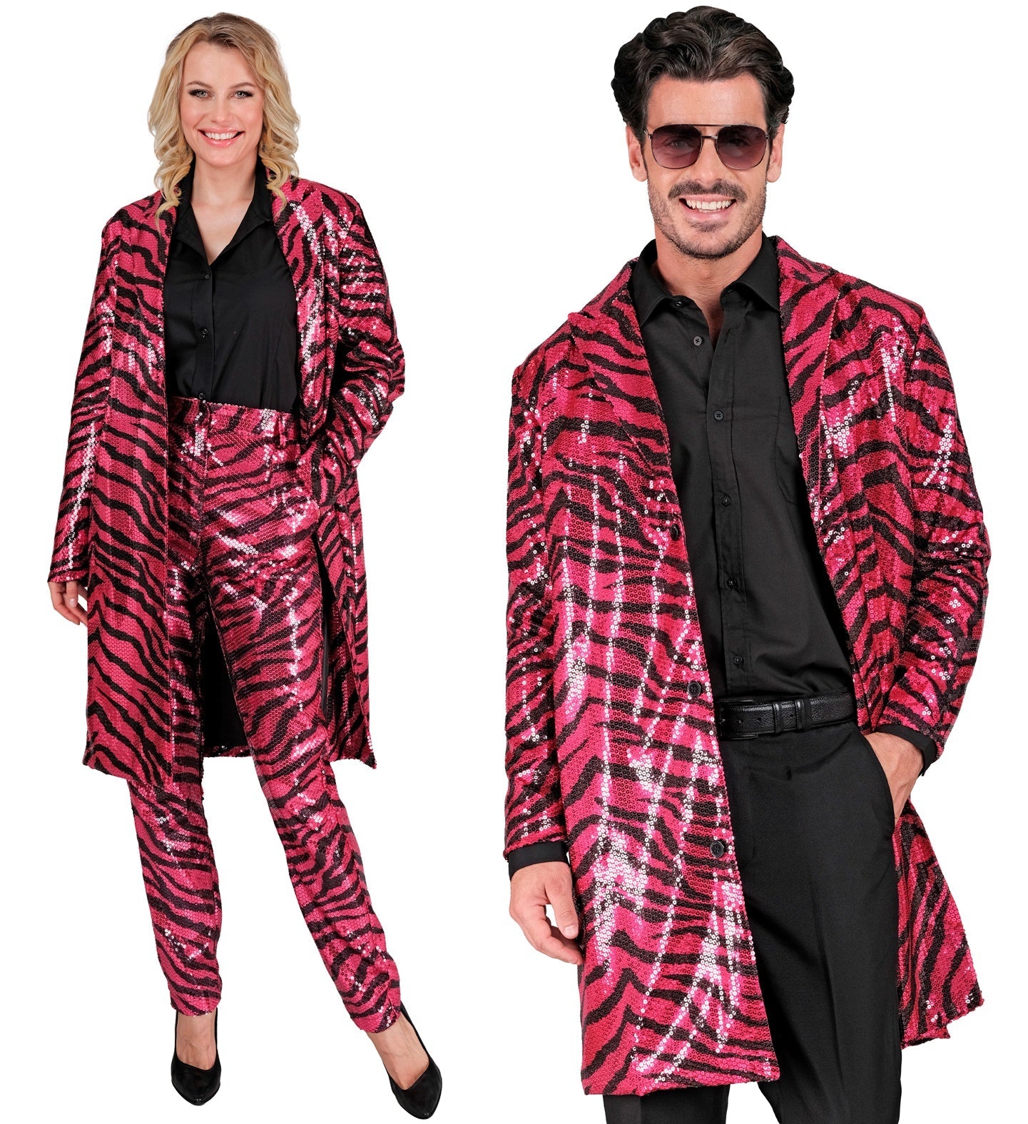 Men's neon pink sequin zebra print jacket with open front, modeled over black shirt and pants.
