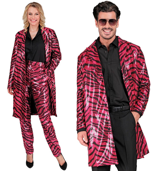 Men's neon pink sequin zebra print jacket with open front, modeled over black shirt and pants.