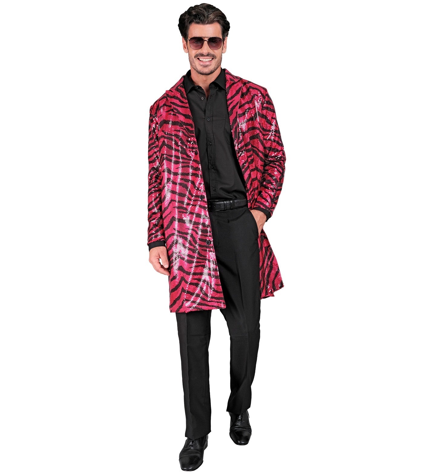 Man in neon pink sequin zebra print jacket over black shirt and pants.