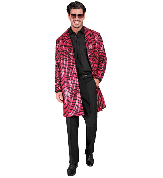 Man in neon pink sequin zebra print jacket over black shirt and pants.