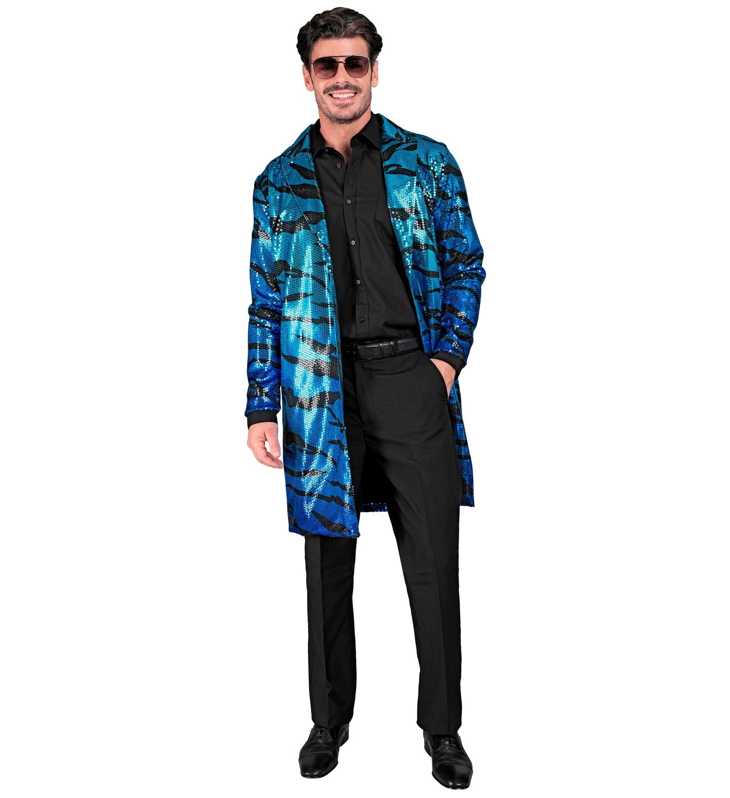 Man in blue sequin wave-pattern jacket over black shirt and pants, rock star style.