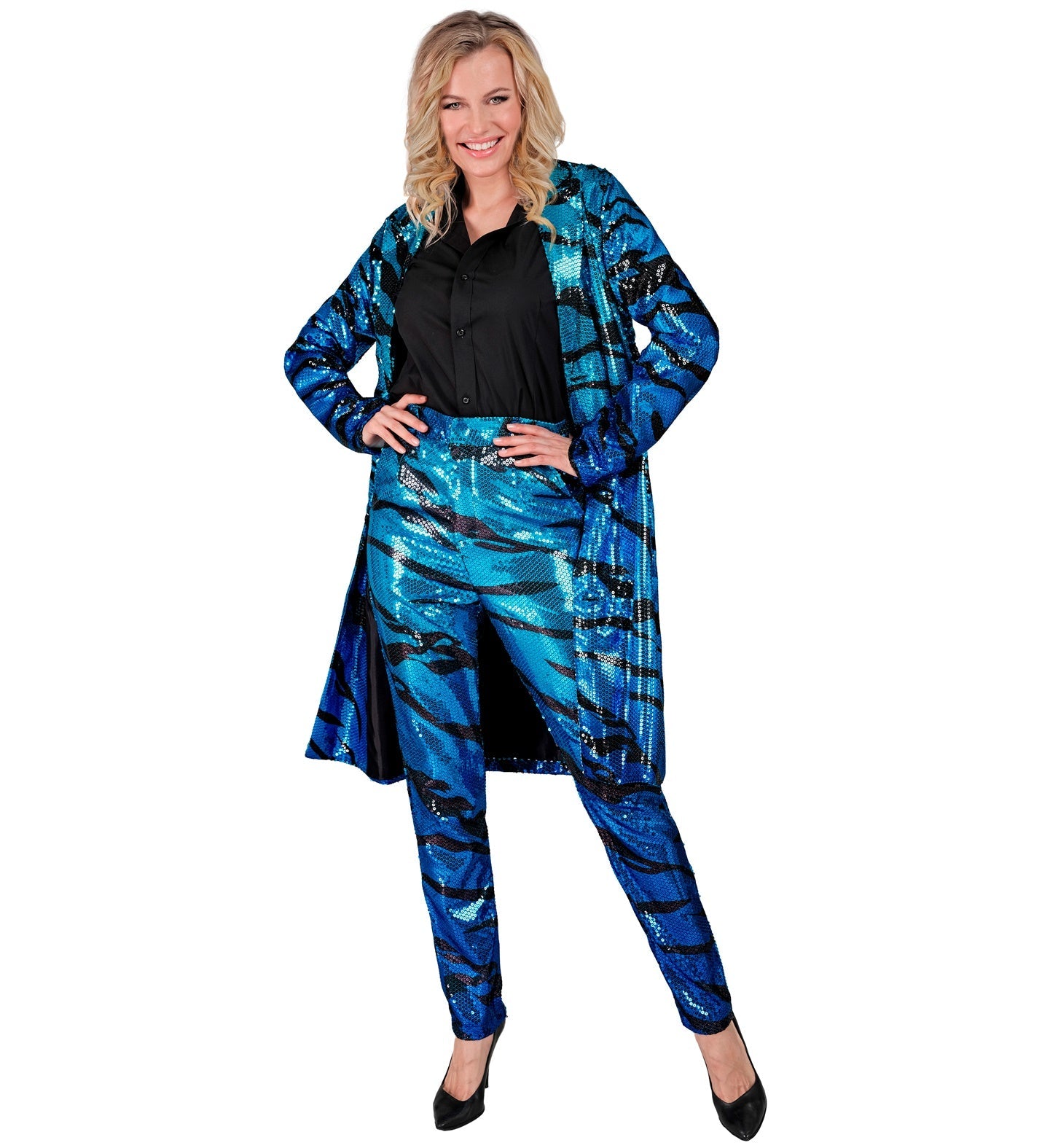 Blue sequin jacket with waves pattern in rock star style, worn by a model.