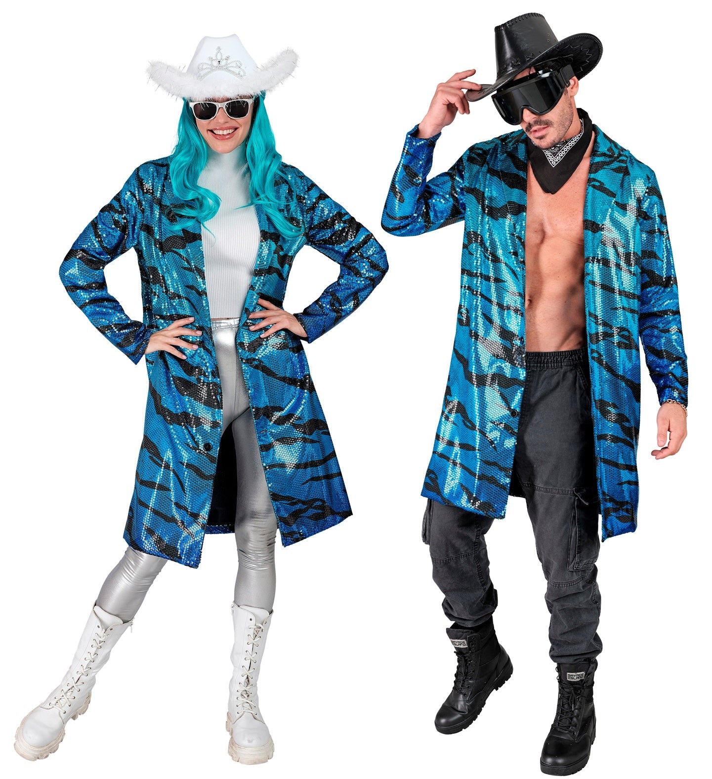 Men's blue waves sequin jacket in rock star style, open over shirt with black pants.