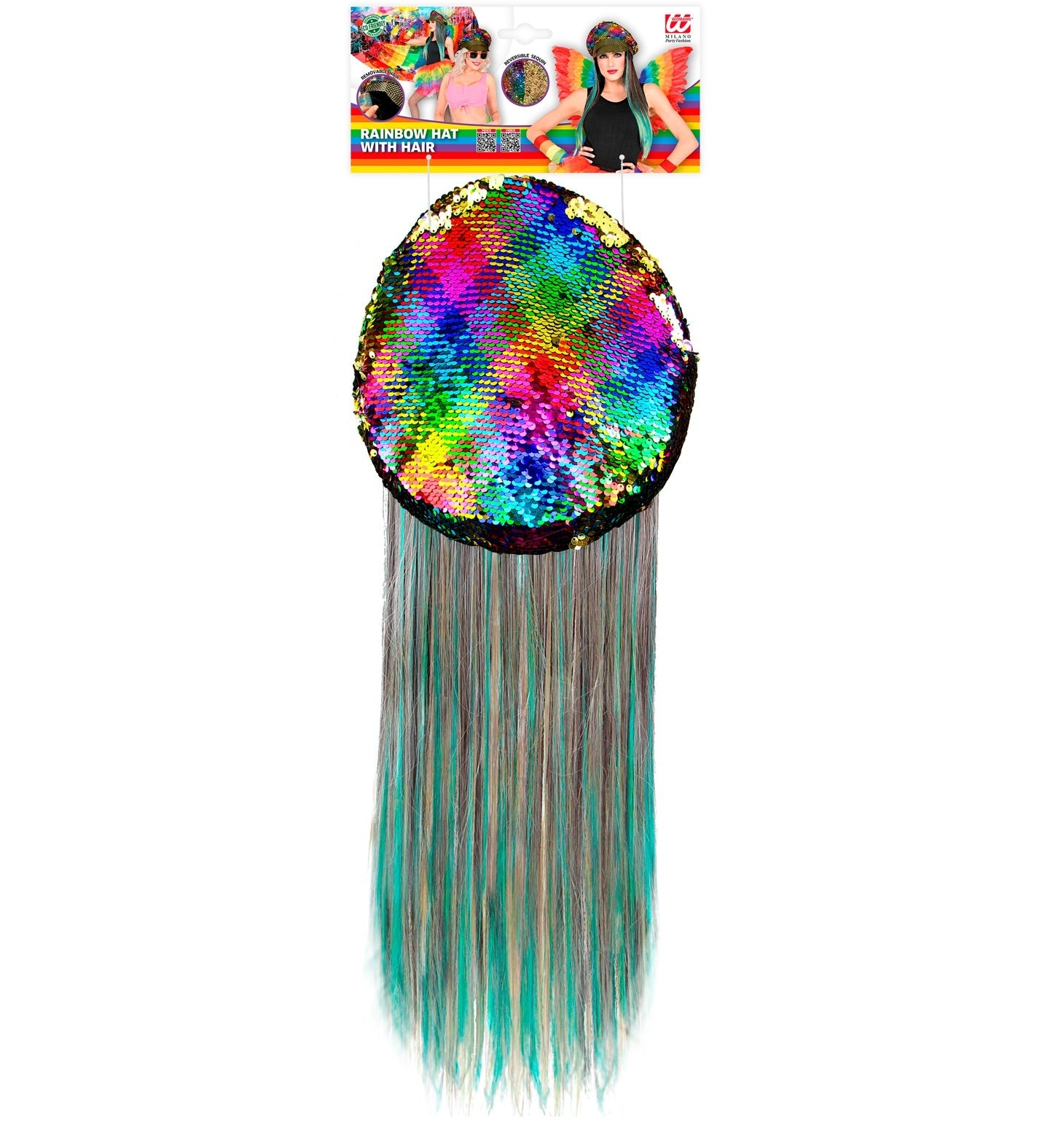 Regenbogen-Pailletten-Schirmmütze mit gesträhnten blauen Haaren für Festivals.