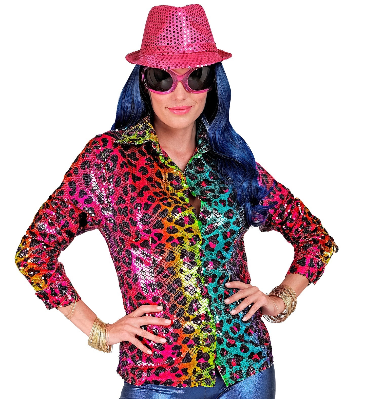 Woman in pink sequin hat, sunglasses, and rainbow sequin leopard blouse with oversized fit.