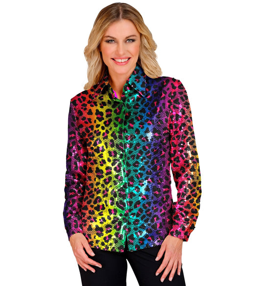 Oversized blouse with rainbow sequin leopard print, front zipper, modeled by a smiling woman.