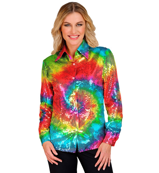 Damen Paillettenbluse in Regenbogen-Tie-Dye mit langem Ärmel und Kragen.