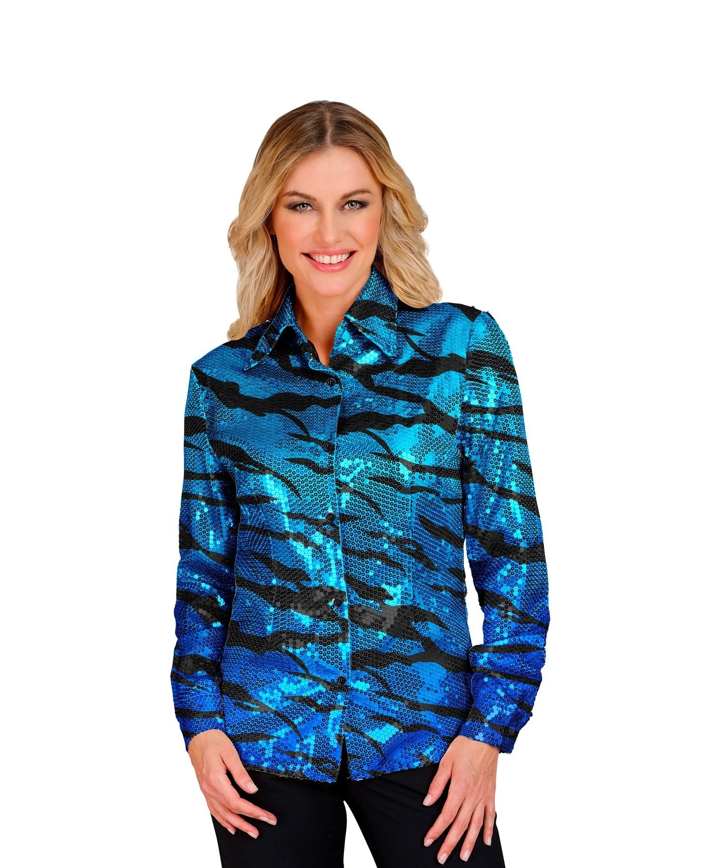 Widmann Paillettenbluse Zebra-Print – Blau Schwarz Leichtes Material - Fasnacht24.ch
