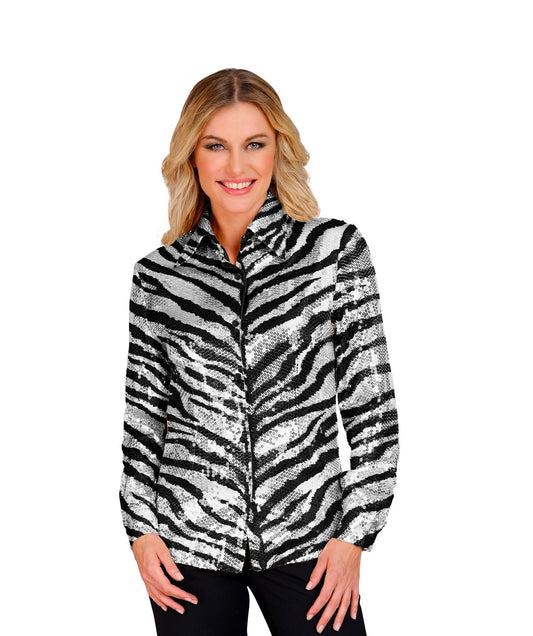 Woman modeling a silver and black sequin zebra print blouse with long sleeves and stand collar.