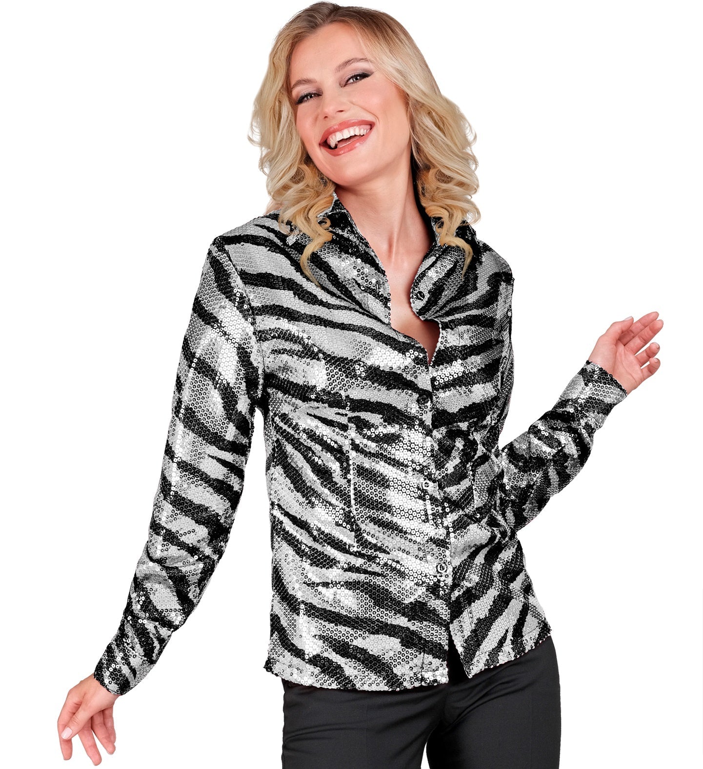 Silver and black sequin zebra print blouse on a smiling woman with blonde curls.