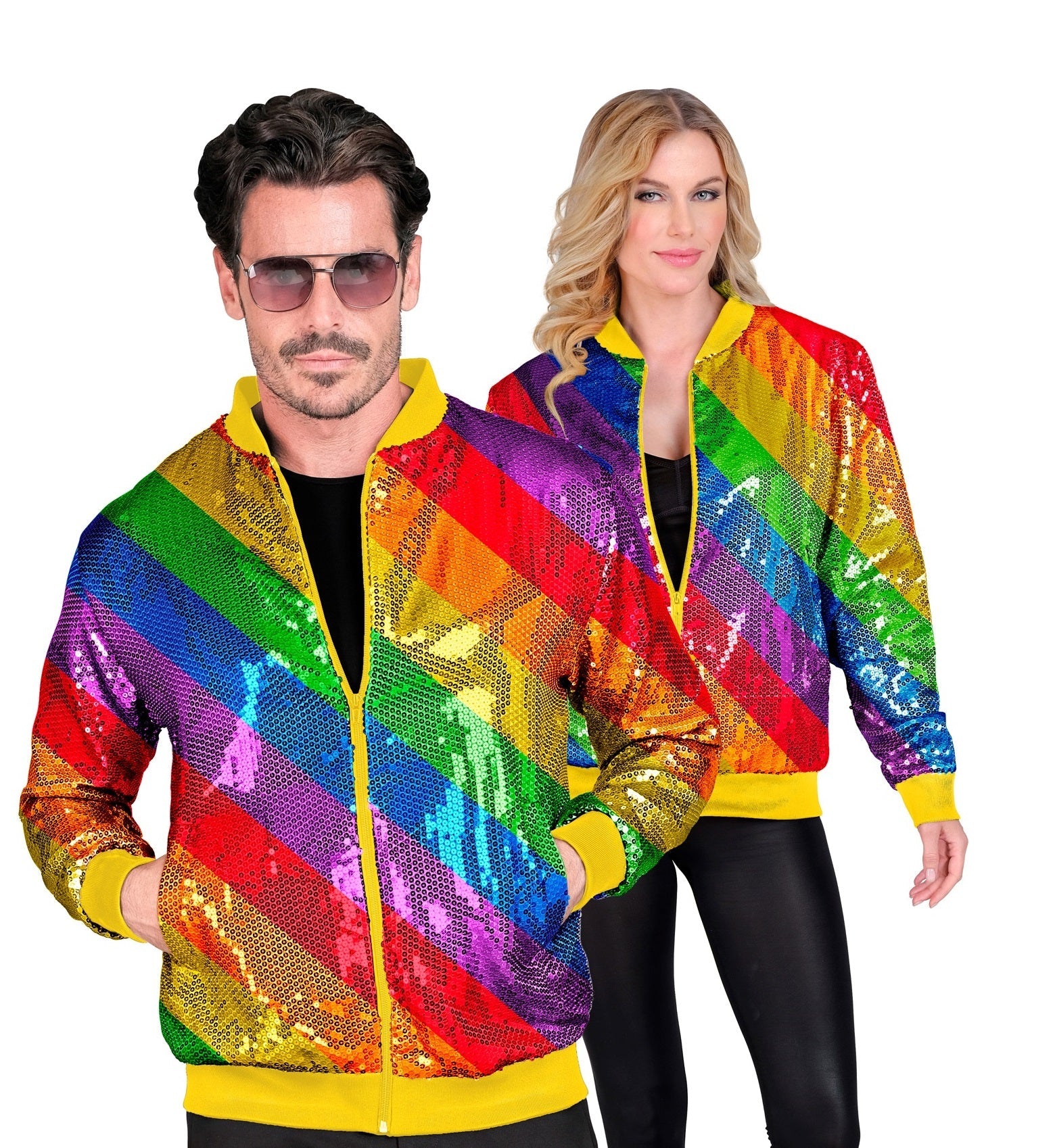 Unisex reversible rainbow sequin jacket with neon paillettes, shown on a model.