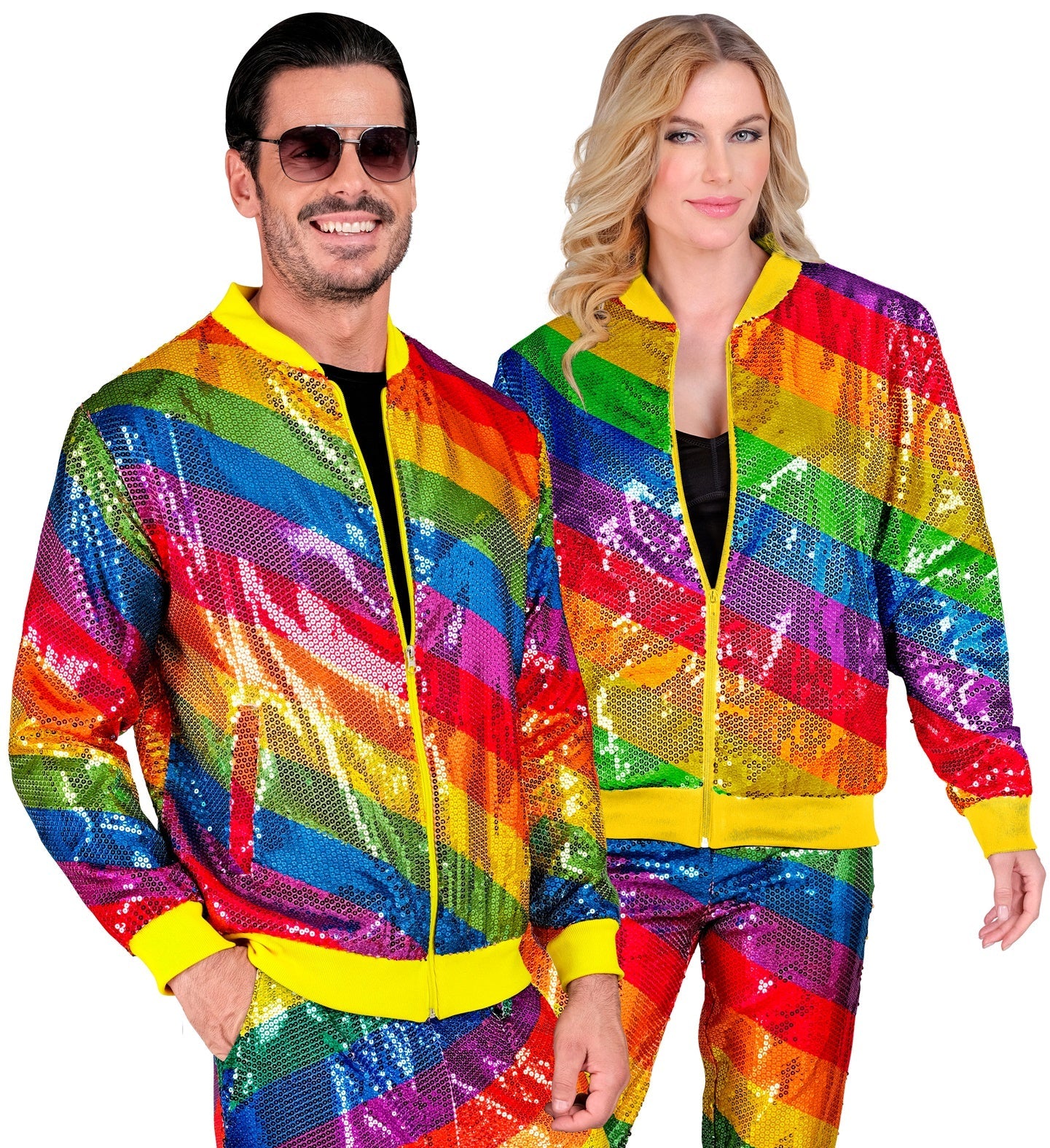 Unisex reversible rainbow sequin jacket in neon colors, modeled by a smiling man and woman.