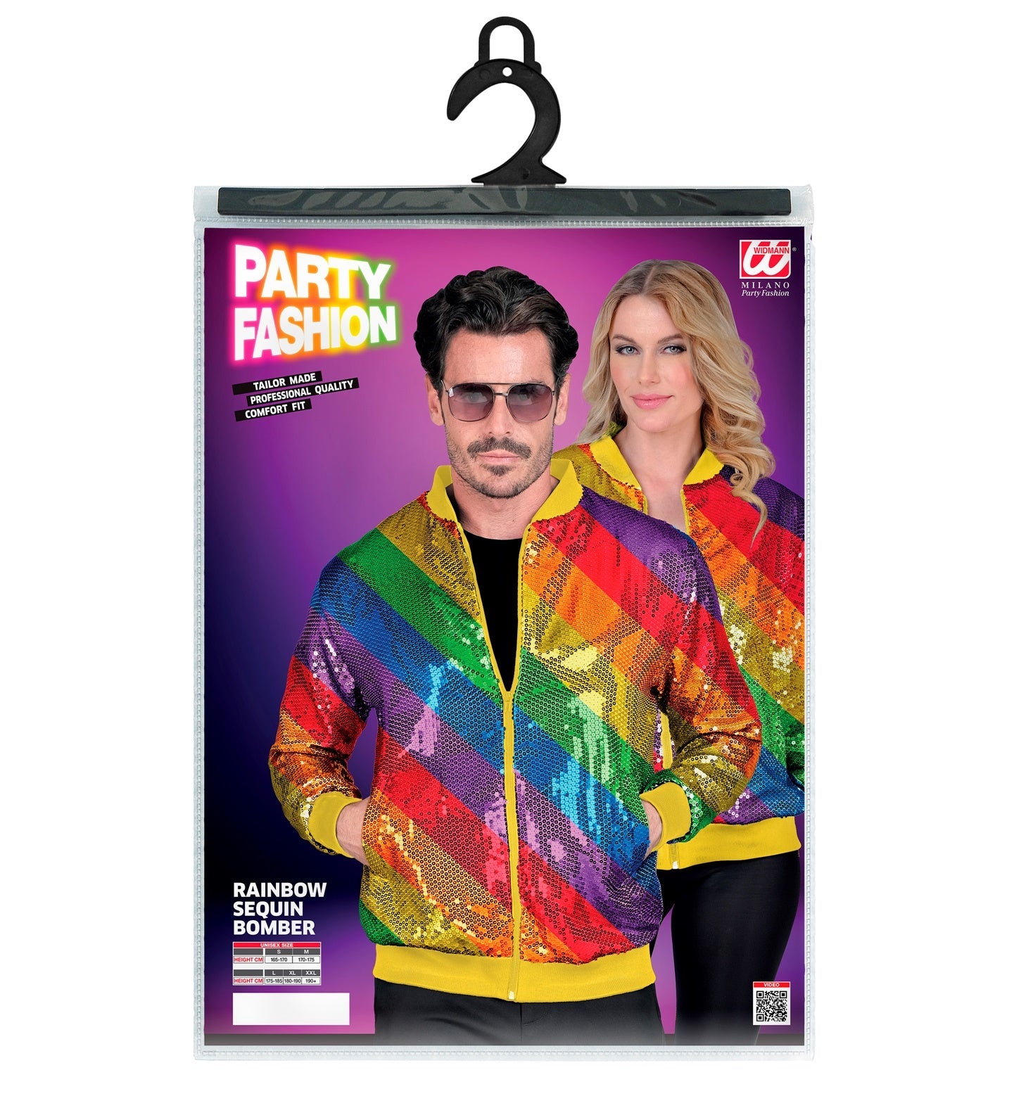 Unisex reversible rainbow sequin jacket with neon paillettes on a purple package.