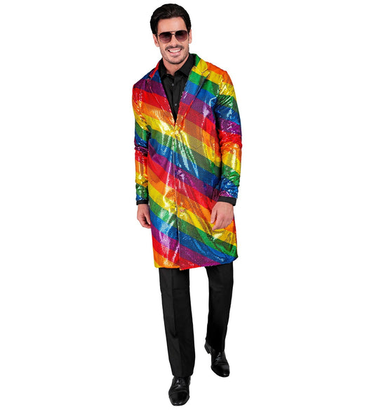 Man wearing a shiny rainbow sequin jacket with black shirt and pants.