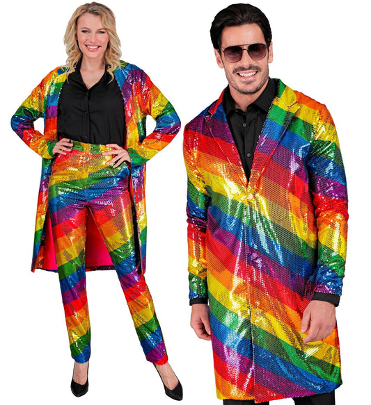 Unisex rainbow sequin jacket in vibrant colors, modeled by a smiling woman and man.