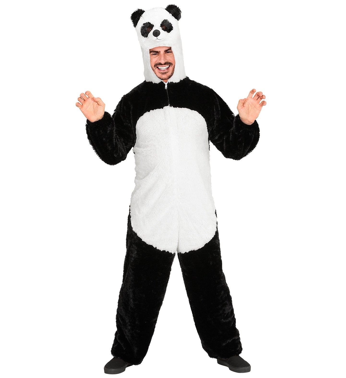 Schwarzer Plüsch-Overall mit Panda-Haube für Erwachsene, weich und bequem.