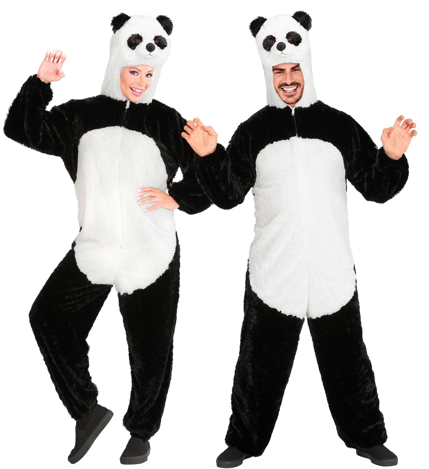Hooded Panda Plüschkostüm für Erwachsene in Schwarz und Weiß, weich und bequem.