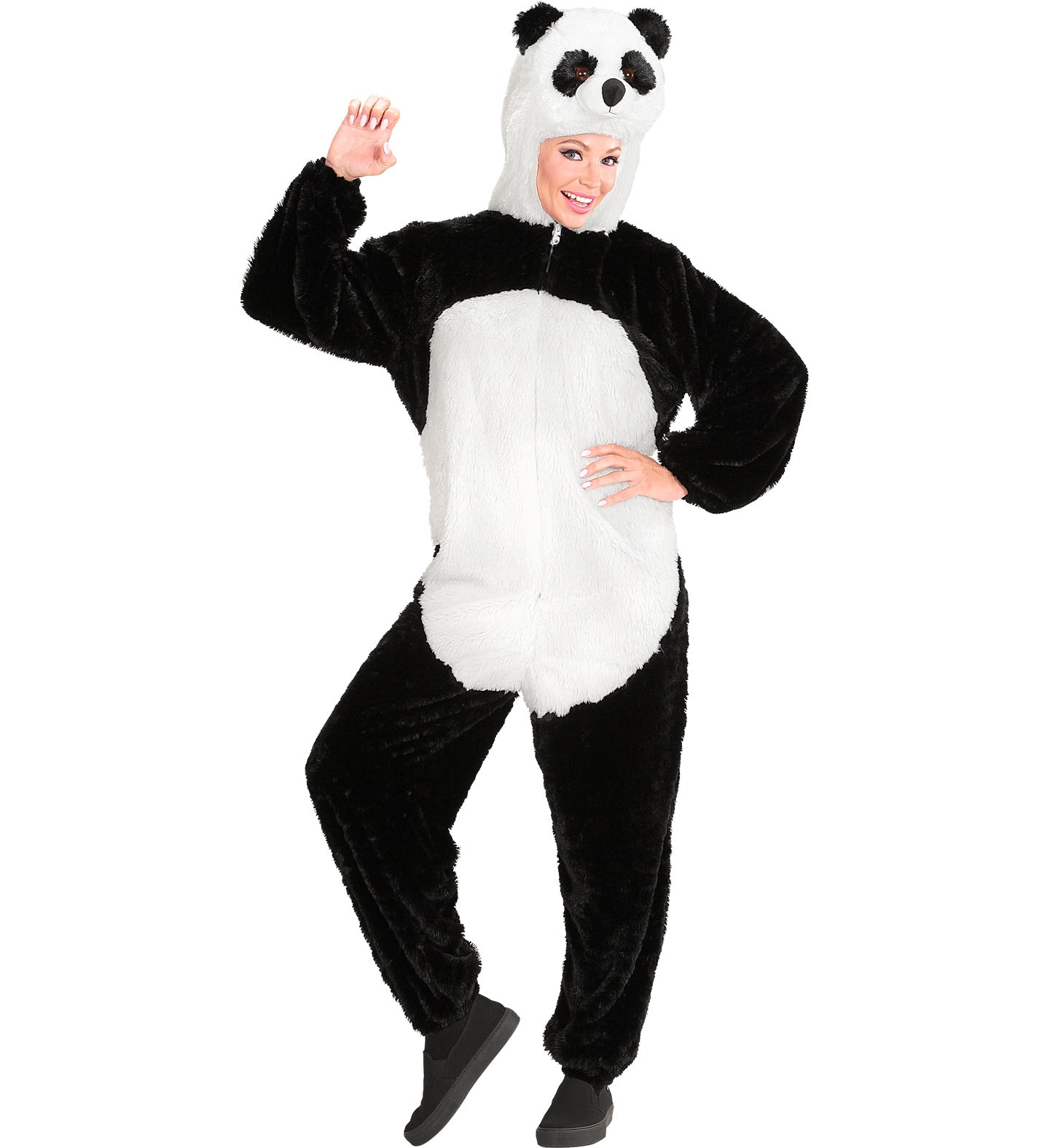 Erwachsenen-Panda-Kostüm aus schwarzem und weißem Plüsch mit Kapuze und Reißverschluss