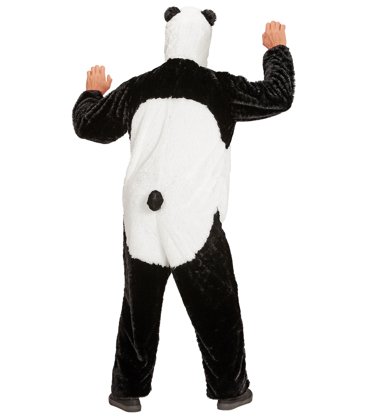 Panda Plüschkostüm für Erwachsene, mit Kapuze und zweiwege Reißverschluss in Schwarz und Weiß.