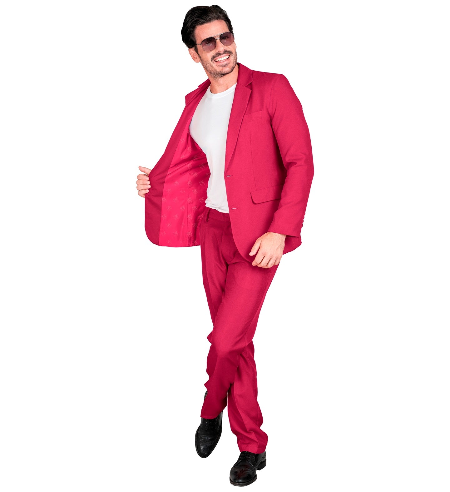 Man in neon pink slim-fit suit with white shirt and sunglasses, open jacket.