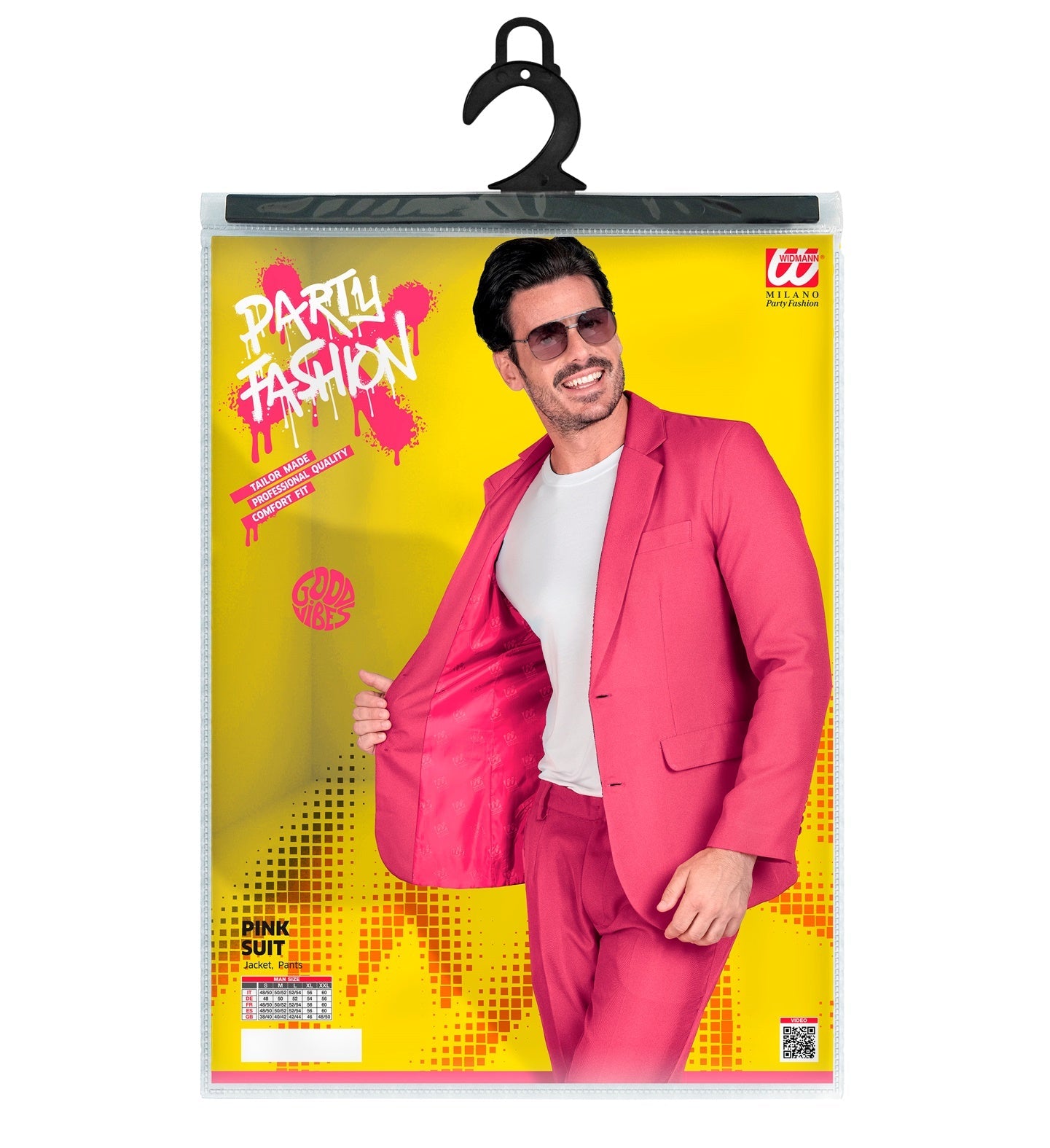 Neon pink men's party suit on hanger, open jacket with white shirt inside.