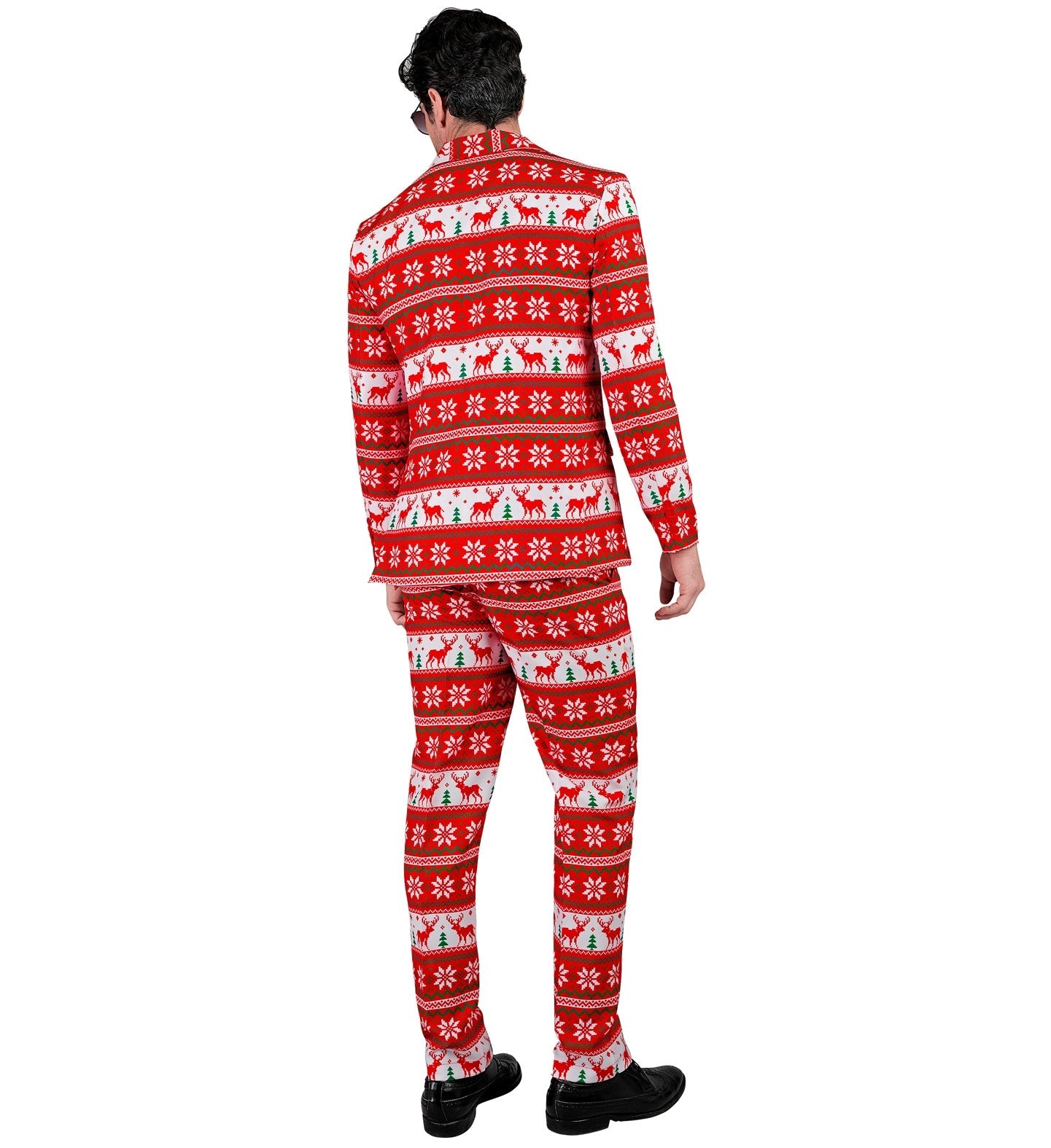 Herrenanzug mit Rentier-Motiv in Rot und Grün, bestehend aus Jacke, Hose und Krawatte.