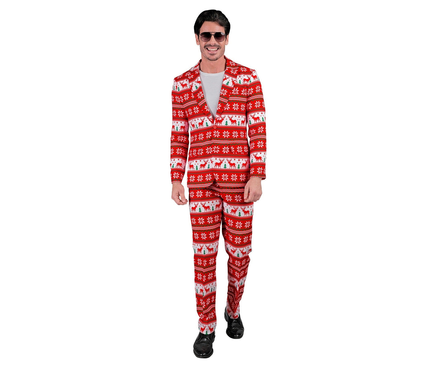 Festlicher Herrenanzug mit Rentier-Motiv in rot und grün, bestehend aus Jacke, Hose und Krawatte.