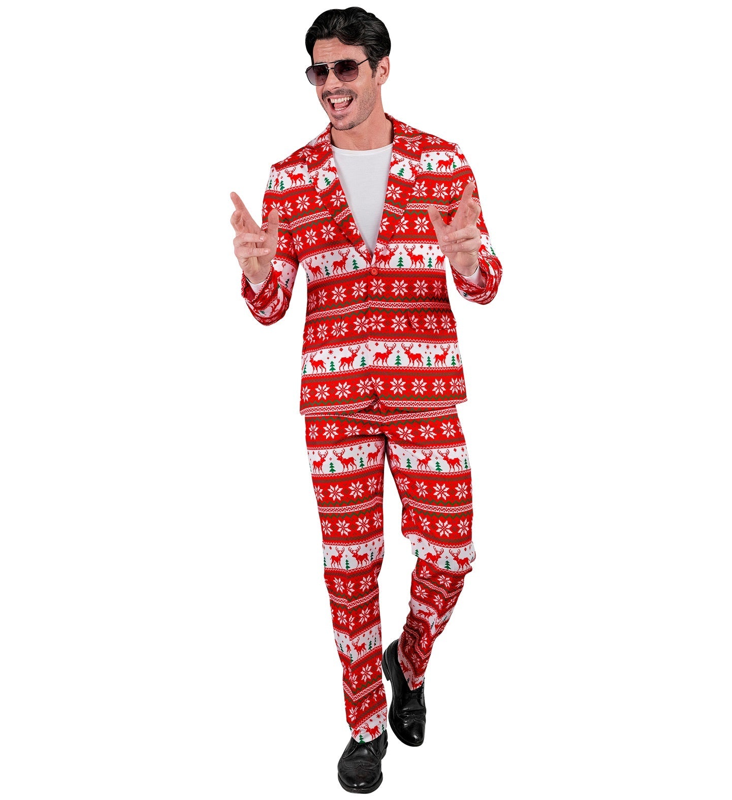 Festlicher Herrenanzug mit Rentier-Motiv in Rot und Grün, bestehend aus Jacke, Hose und Krawatte.