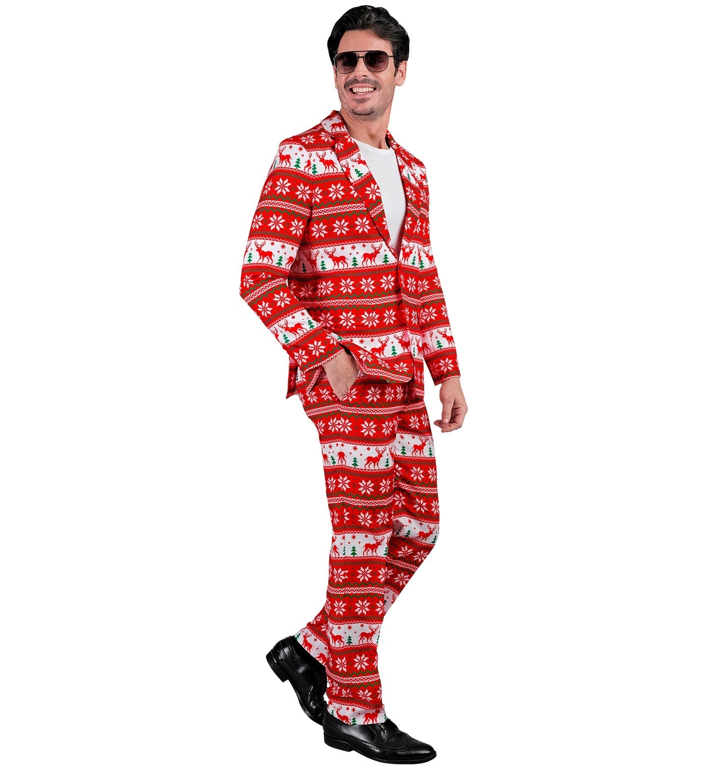 Widmann Herrenanzug mit rotem Rentier-Motiv, Slim Fit, Jacke, Hose und Krawatte im Set