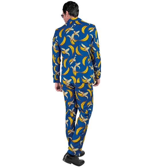 Rear view of a man's neon banana print suit jacket and trousers.