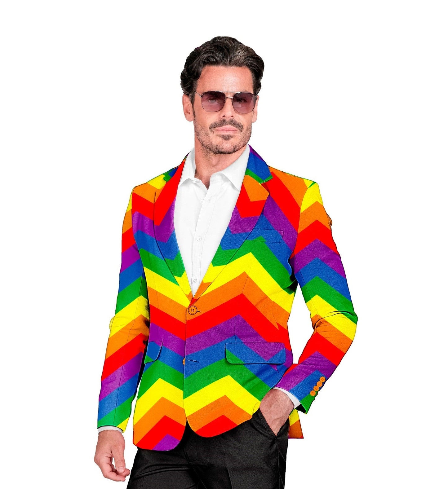 Unisex neon rainbow zigzag jacket with white shirt and black pants.