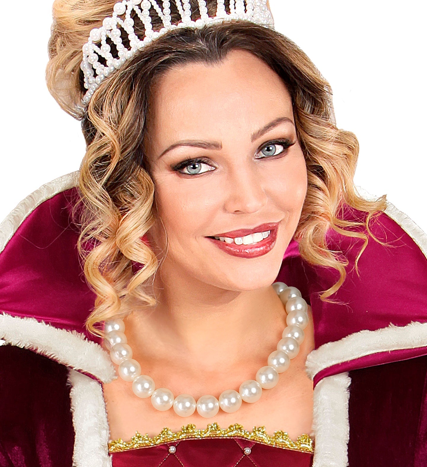 Dicke weiße Perlenkette als 21 cm Choker mit silbernem Edelstahlverschluss auf weißem Hintergrund.