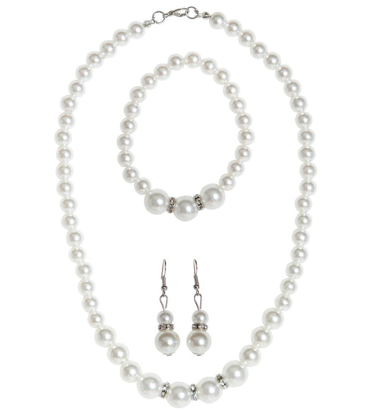 Glass pearl jewelry set with necklace, drop earrings, and bracelet.