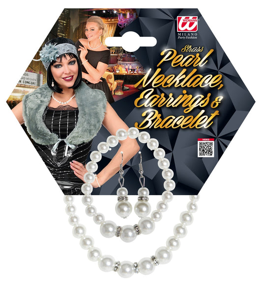 Widmann glass pearl jewelry set with necklace, earrings and bracelet on black packaging.