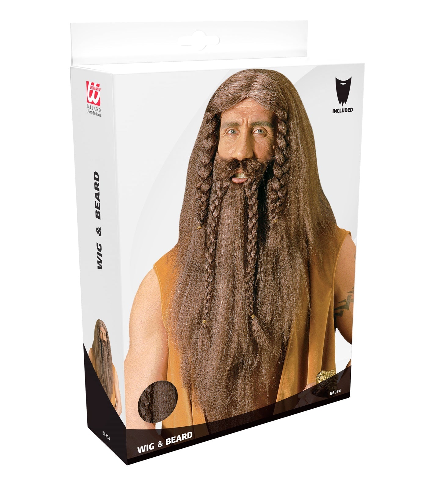 Brown barbarian wig and beard set in a white and black box.