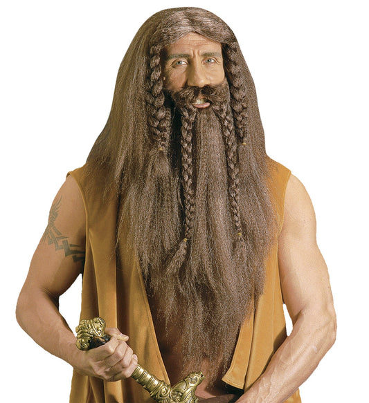 Men's barbarian wig with long braided brown hair, beard, and mustache.