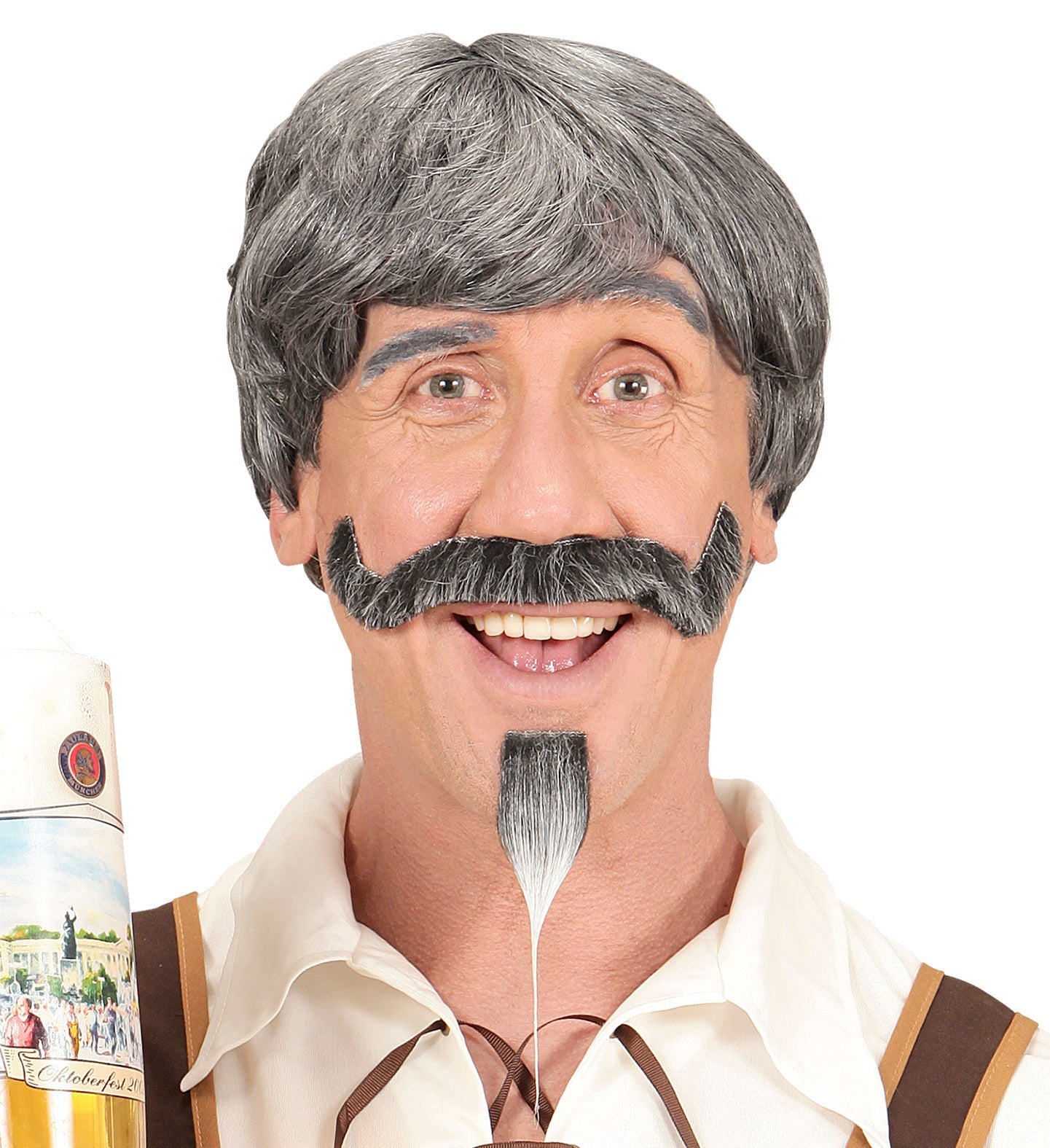 Graue Salz-und-Pfeffer-Perücke mit bayerischem Bart und Schnurrbart im Set von Widmann.