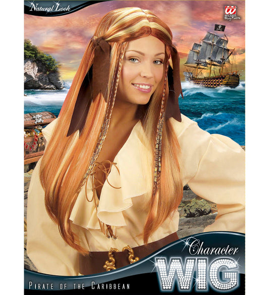 Black wavy synthetic pirate wig with ribbons for a Caribbean theme.