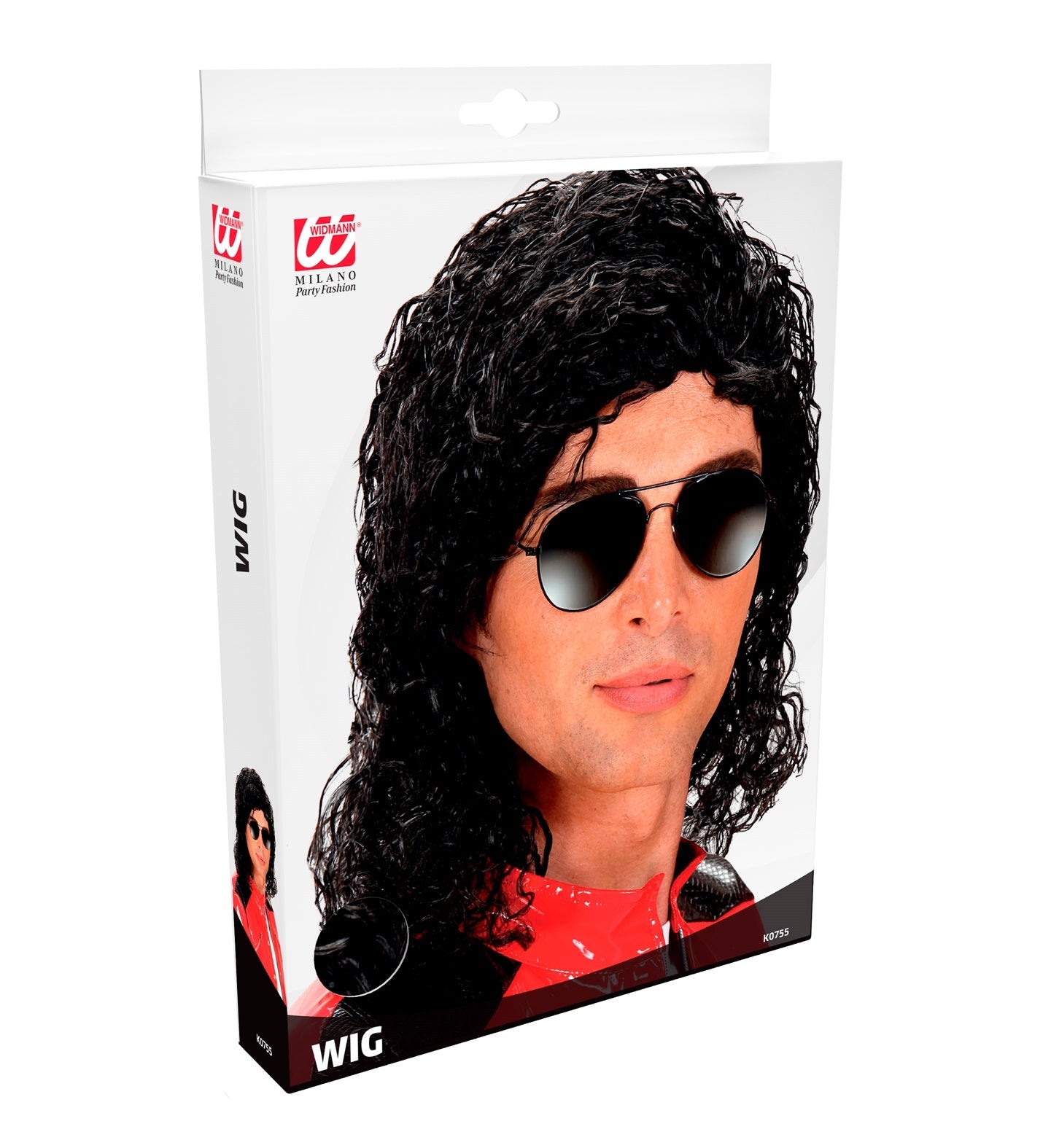 Schwarze, lockige Herrenperücke im Vokuhila-Stil für 80er-Jahre-Partys.