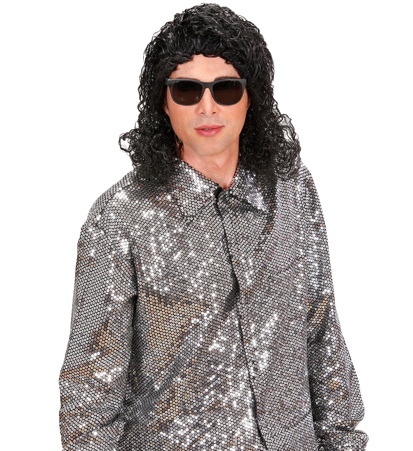 Schwarze, lockige Herrenperücke im Vokuhila-Stil für 80er-Jahre-Partys.