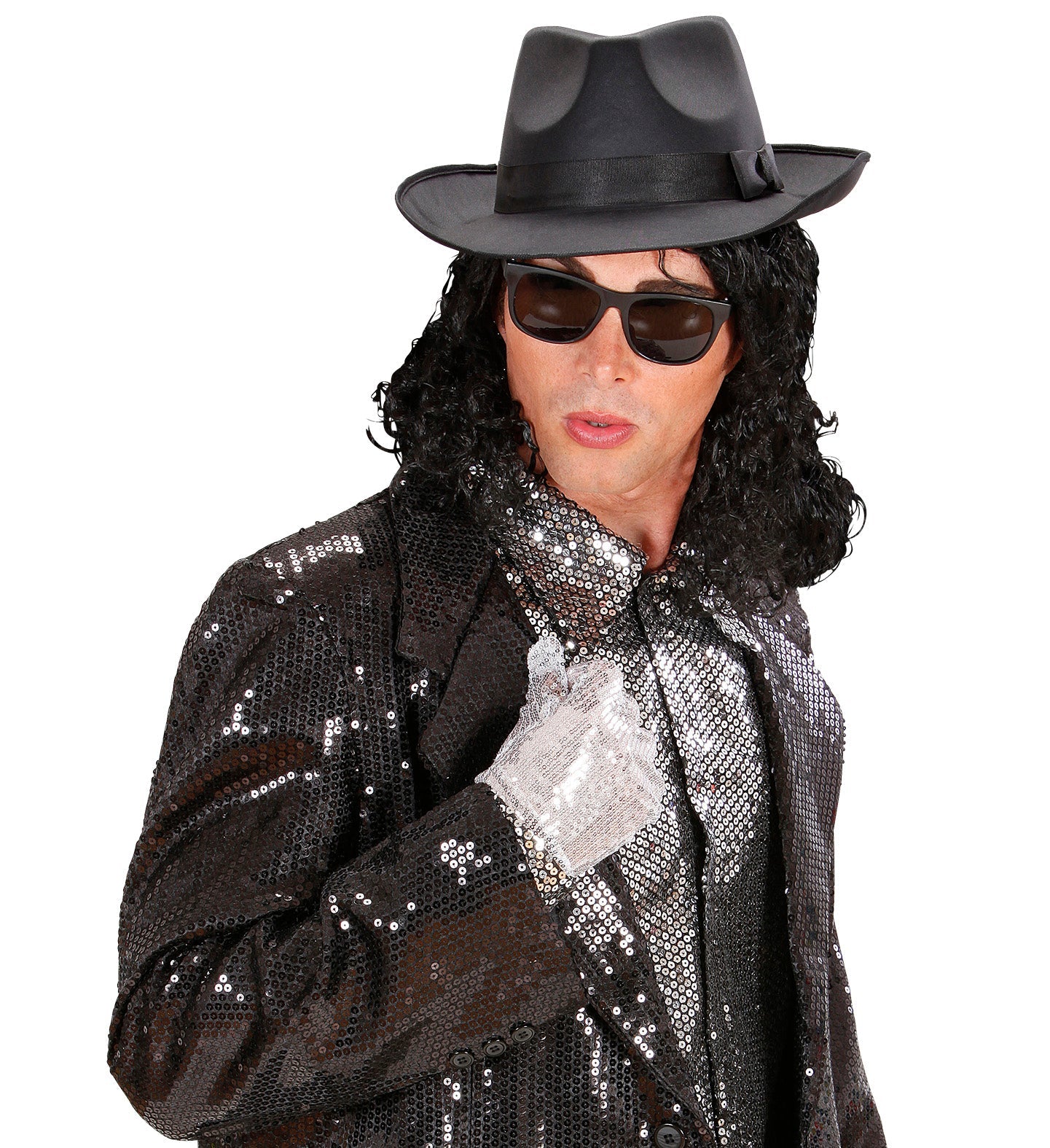 Schwarze, lockige Herrenperücke im Vokuhila-Stil, inspiriert vom King of Pop Look.
