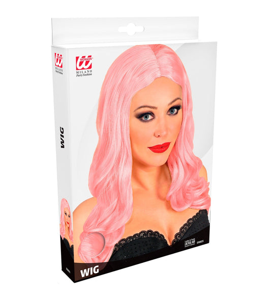Pink synthetic wig in box with model wearing wavy hair and lace top.