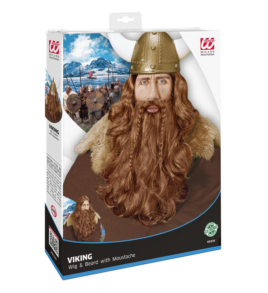 Brown Viking wig with integrated beard and moustache for men's costume.
