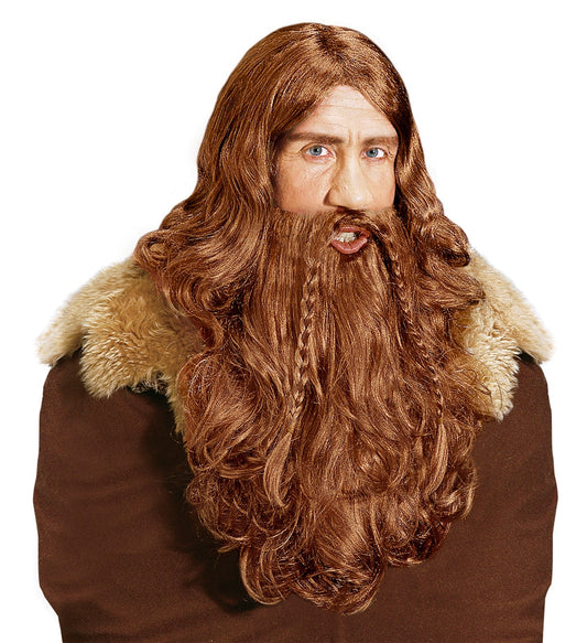 Brown Viking wig with integrated braided beard and mustache for men's costume.