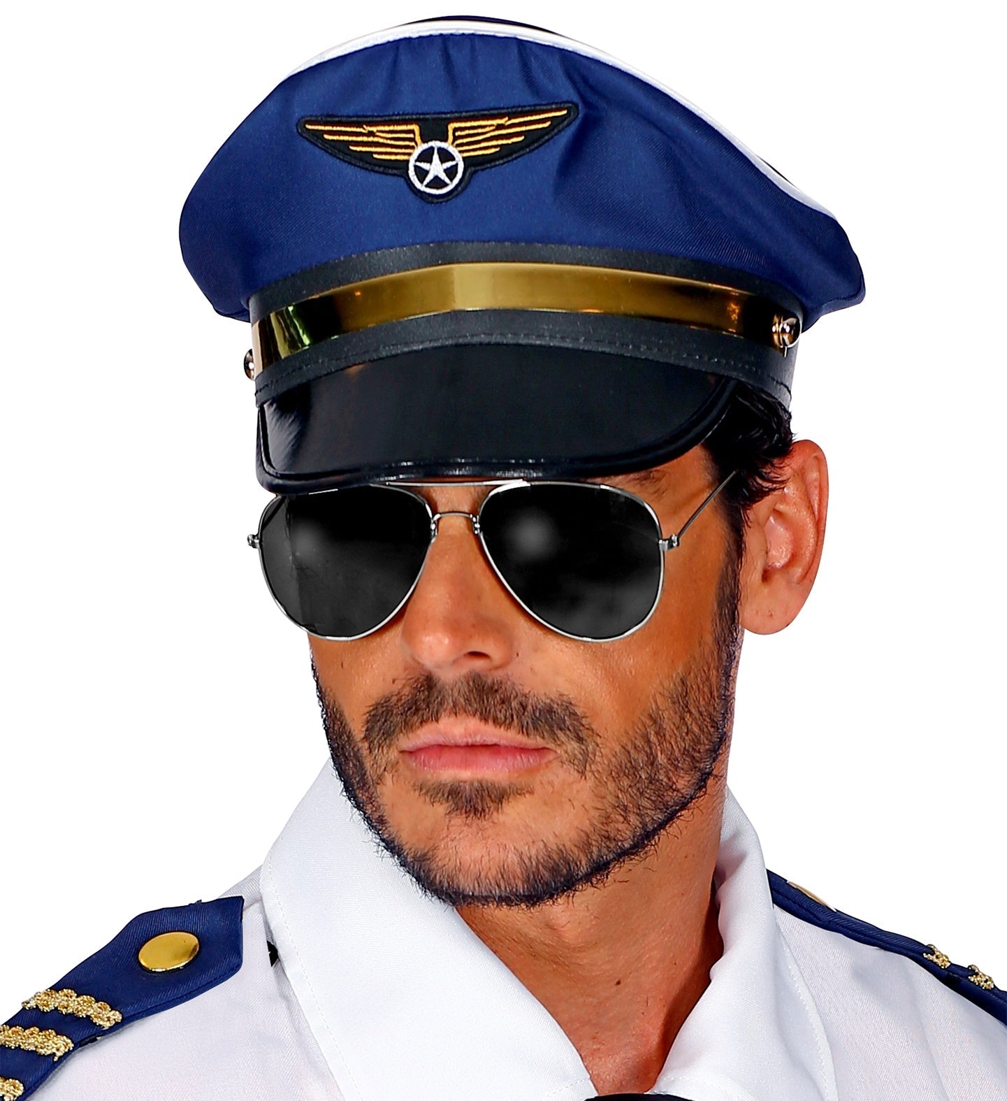 Classic aviator sunglasses with dark lenses and lightweight metal frame.